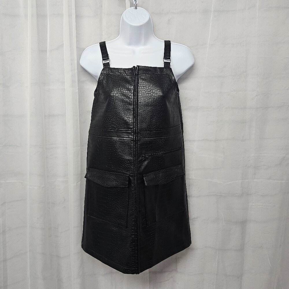 Biscotti Black Overall Mini Dress Faux Leather Croc Embossed Punk Goth Girls 10